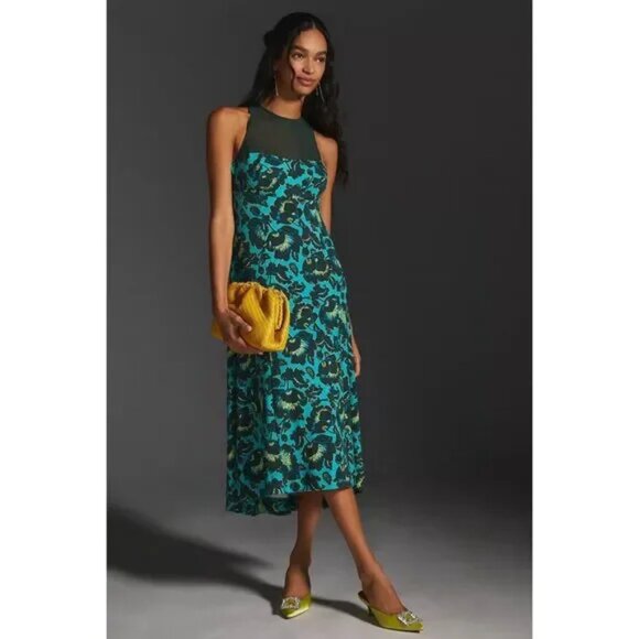 Anthropologie Maeve NWT turquoise floral sleeveless mesh halter midi dress S - Picture 1 of 13